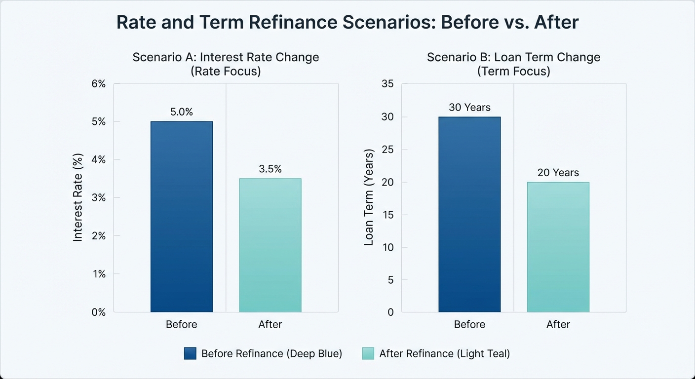 Create a professional Rate and Term Refinance bar chart visualization. Modern, clean design with cle