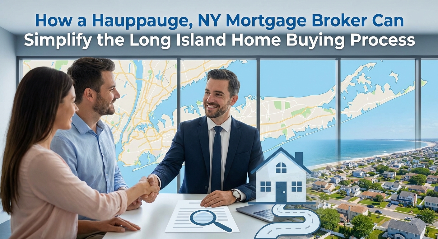 Create a professional hero image for: How a Hauppauge, NY Mortgage Broker Can Simplify the Long Isla
