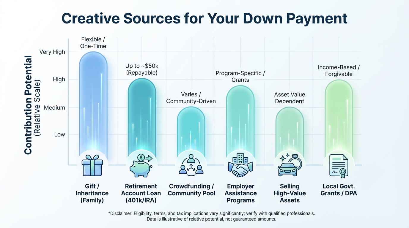 Create a professional Creative Sources for Your Down Payment bar chart visualization. Modern, clean 