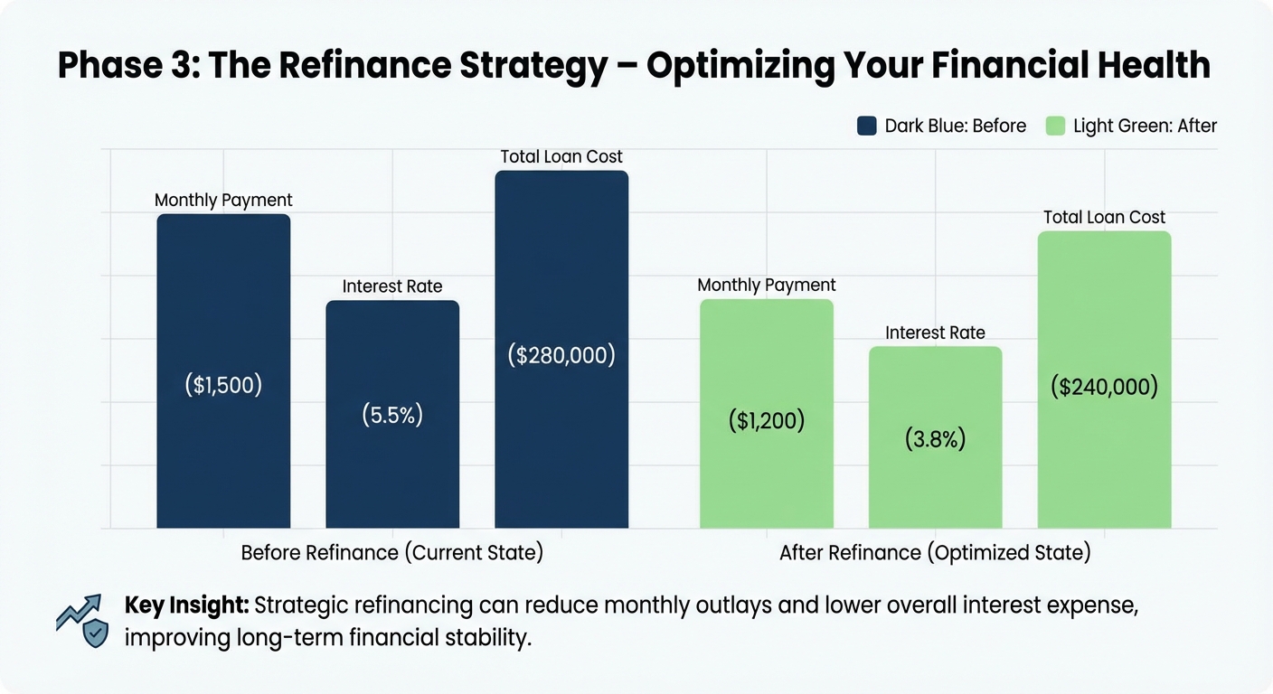 Create a professional Phase 3: The Refinance Strategy – optimizing Your Financial Health bar chart v