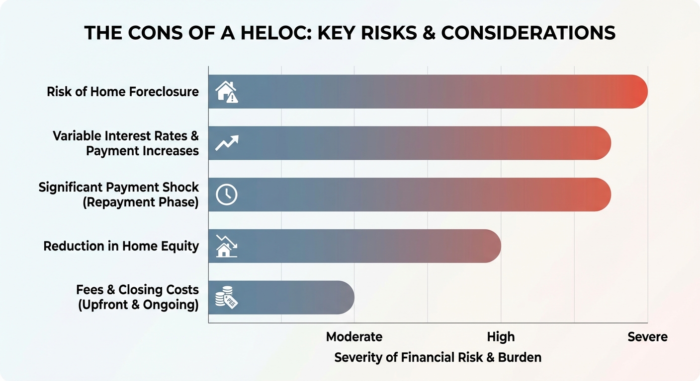 Create a professional The Cons of a HELOC bar chart visualization. Modern, clean design with clear d
