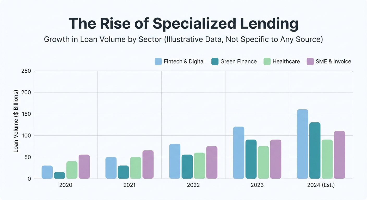 Create a professional The Rise of Specialized Lending bar chart visualization. Modern, clean design
