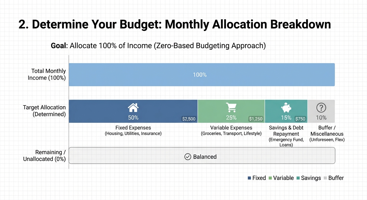 Create a professional 2. Determine Your Budget bar chart visualization. Modern, clean design with cl