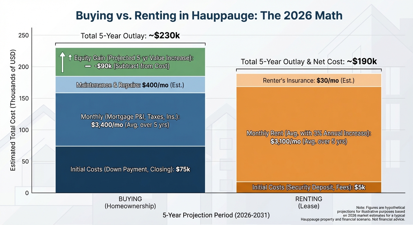 Create a professional Buying vs. Renting in Hauppauge: The 2026 Math bar chart visualization. Modern