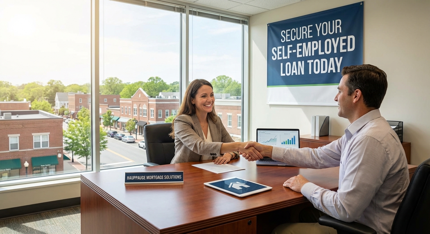 Create a professional hero image for: Self-Employed? How a Mortgage Broker in Hauppauge, NY Can Secu