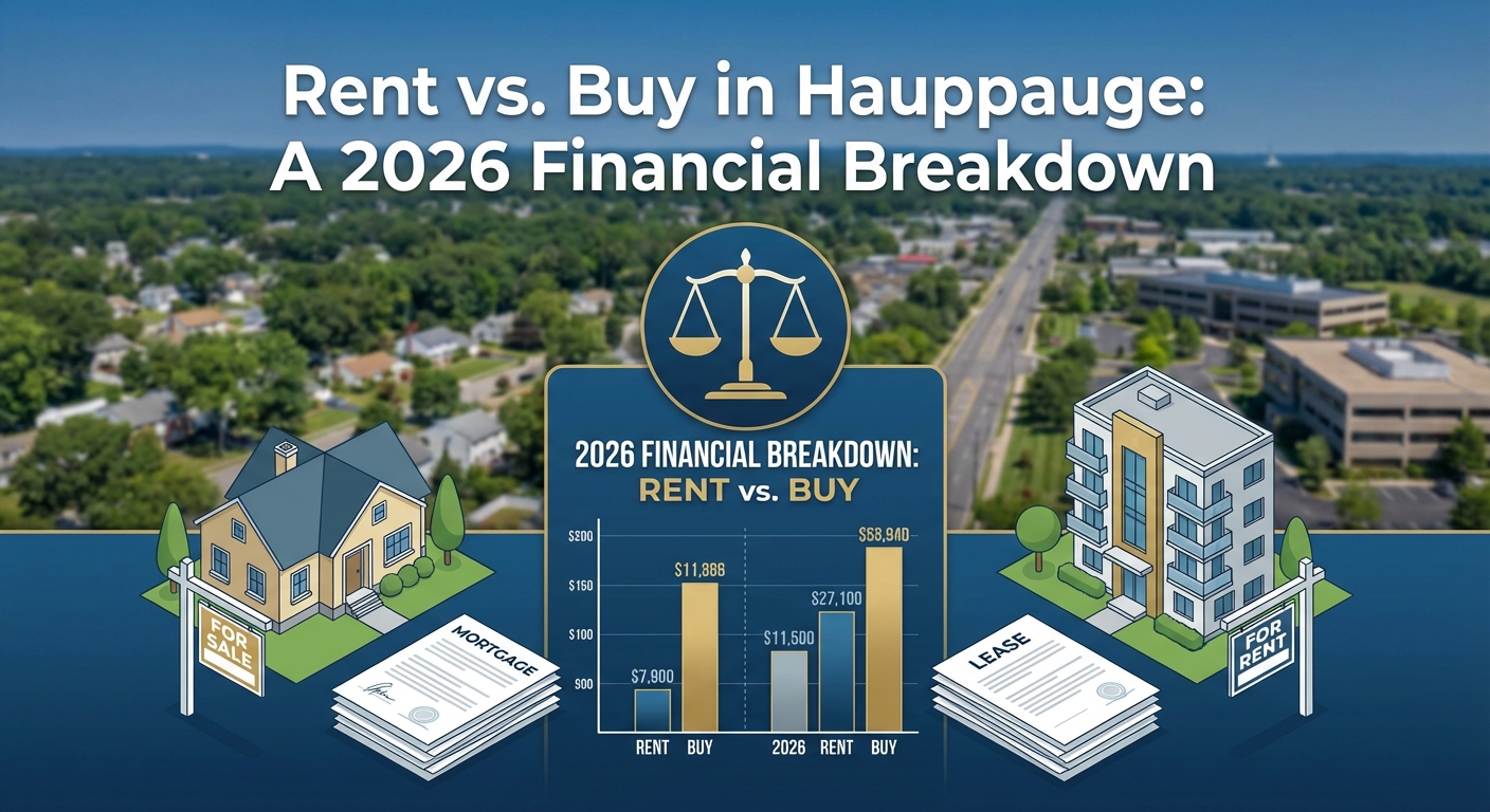 Create a professional hero image for: Rent vs. Buy in Hauppauge: A 2026 Financial Breakdown. Context