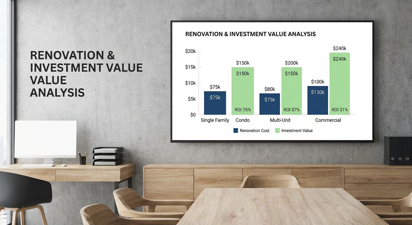 Create a professional Renovation and Investment bar chart visualization. Modern, clean design with c
