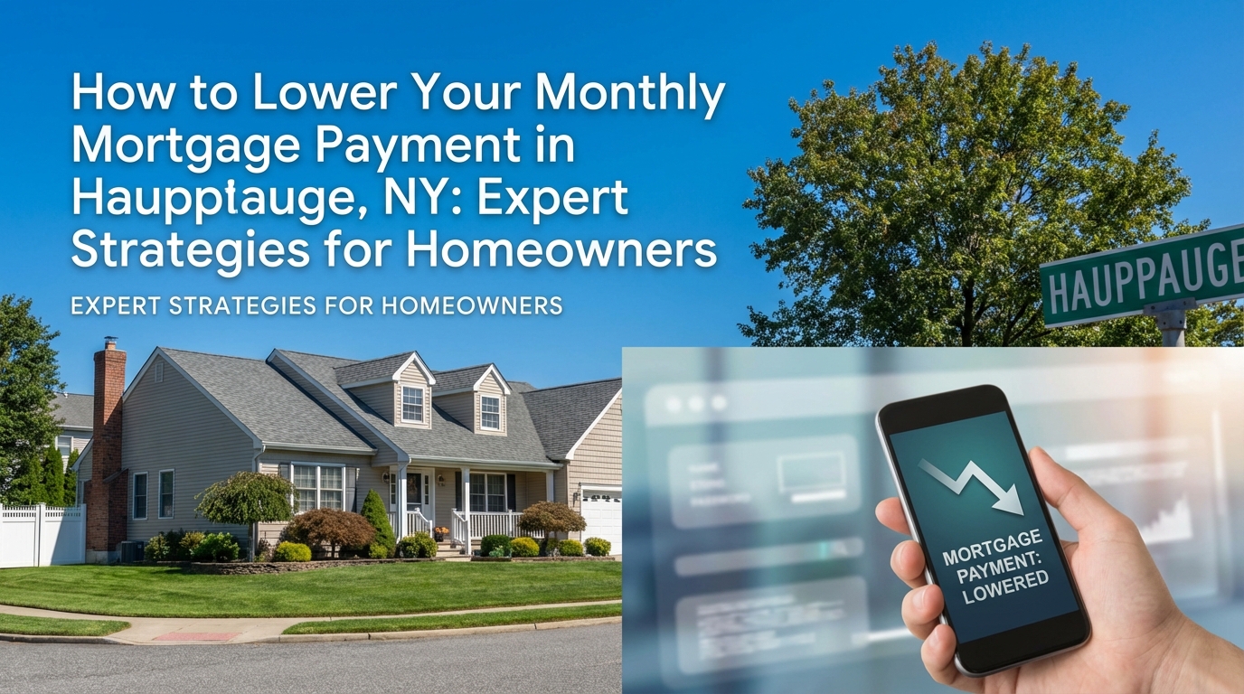 Create a professional hero image for: How to Lower Your Monthly Mortgage Payment in Hauppauge, NY: E