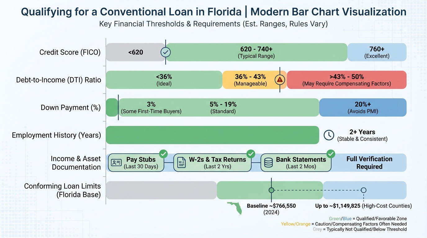 Create a professional Qualifying for a Conventional Loan in Florida bar chart visualization. Modern,