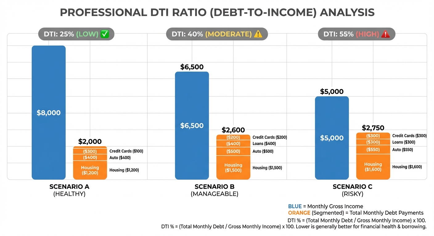 Create a professional Debt-to-Income Ratio (DTI) bar chart visualization. Modern, clean design with