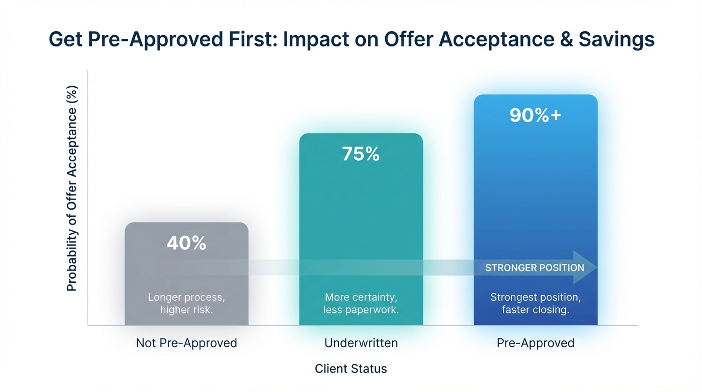 Create a professional 1. Get Pre-Approved First bar chart visualization. Modern, clean design with c