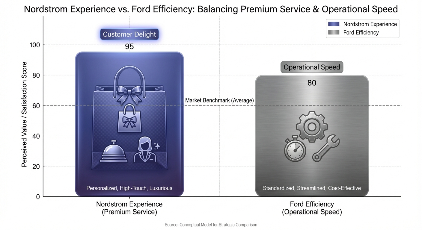 Create a professional 1. The "Nordstrom" Experience with "Ford" Efficiency bar chart visualization. 