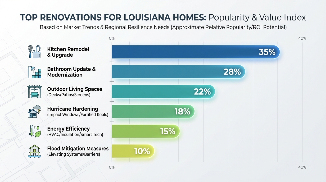 Create a professional Top Renovations for Louisiana Homes: bar chart visualization. Modern, clean de