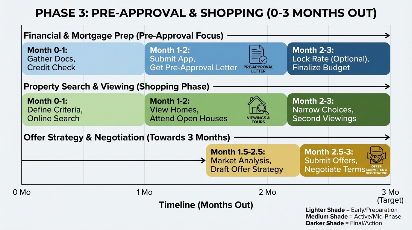 Create a professional Phase 3: Pre-Approval and Shopping (0-3 Months Out) bar chart visualization. M