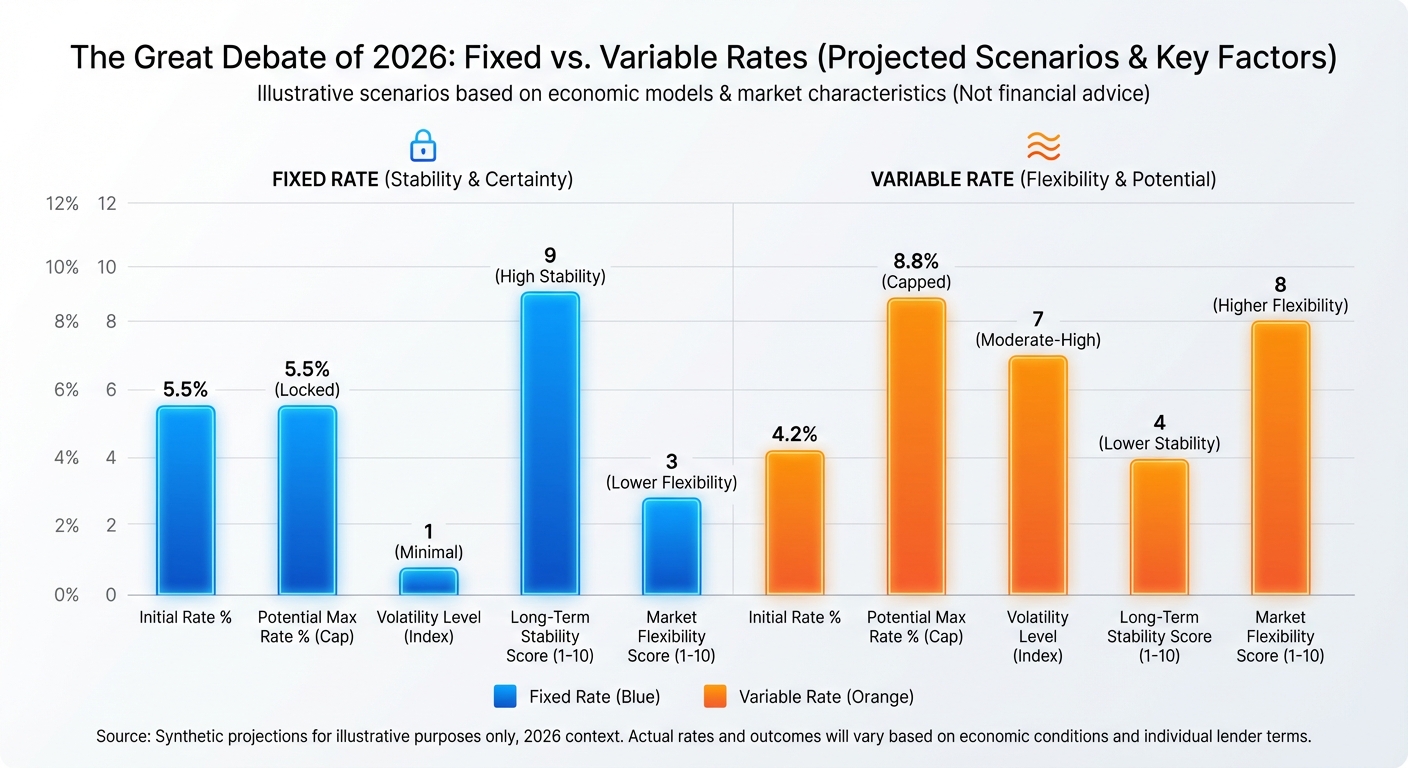 Create a professional The Great Debate of 2026: Fixed vs. Variable Rates bar chart visualization. Mo