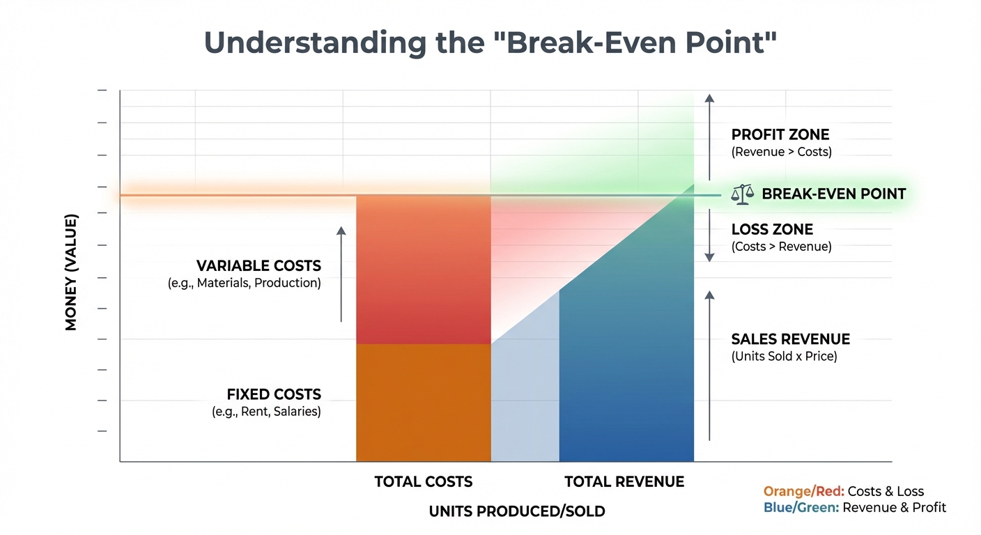 Create a professional Understanding the "Break-Even Point" bar chart visualization. Modern, clean de