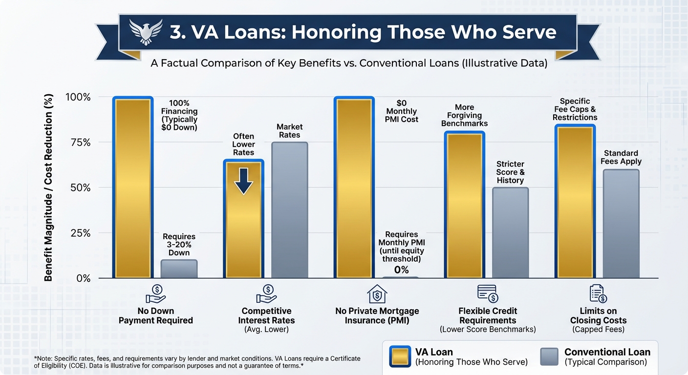 Create a professional 3. VA Loans: Honoring Those Who Serve bar chart visualization. Modern, clean d