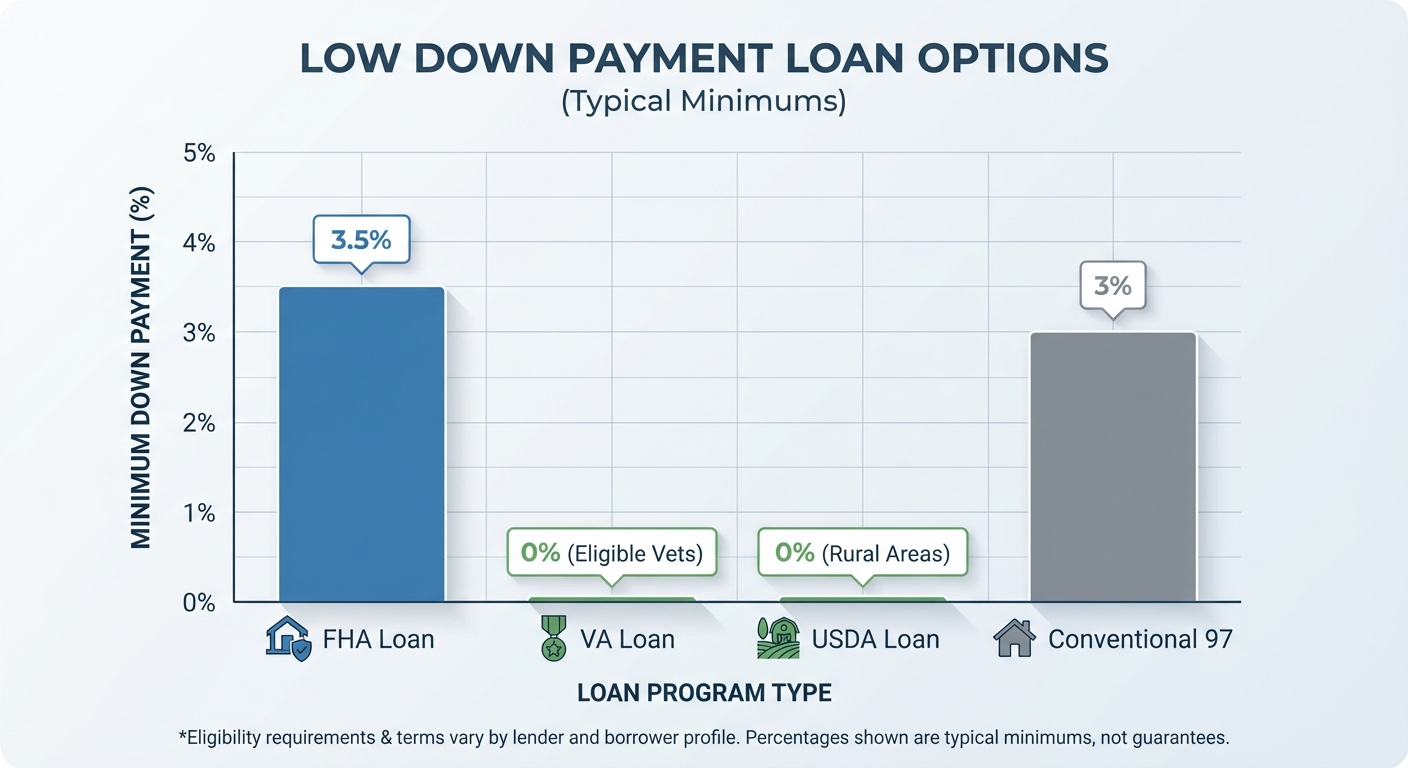 Create a professional Low Down Payment Loan Options bar chart visualization. Modern, clean design wi