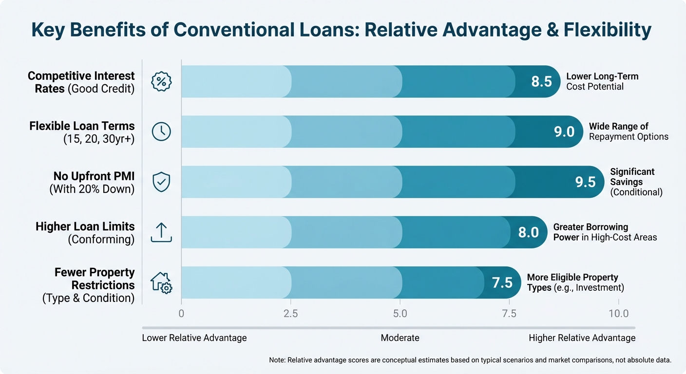 Create a professional Key Benefits of Conventional Loans bar chart visualization. Modern, clean desi