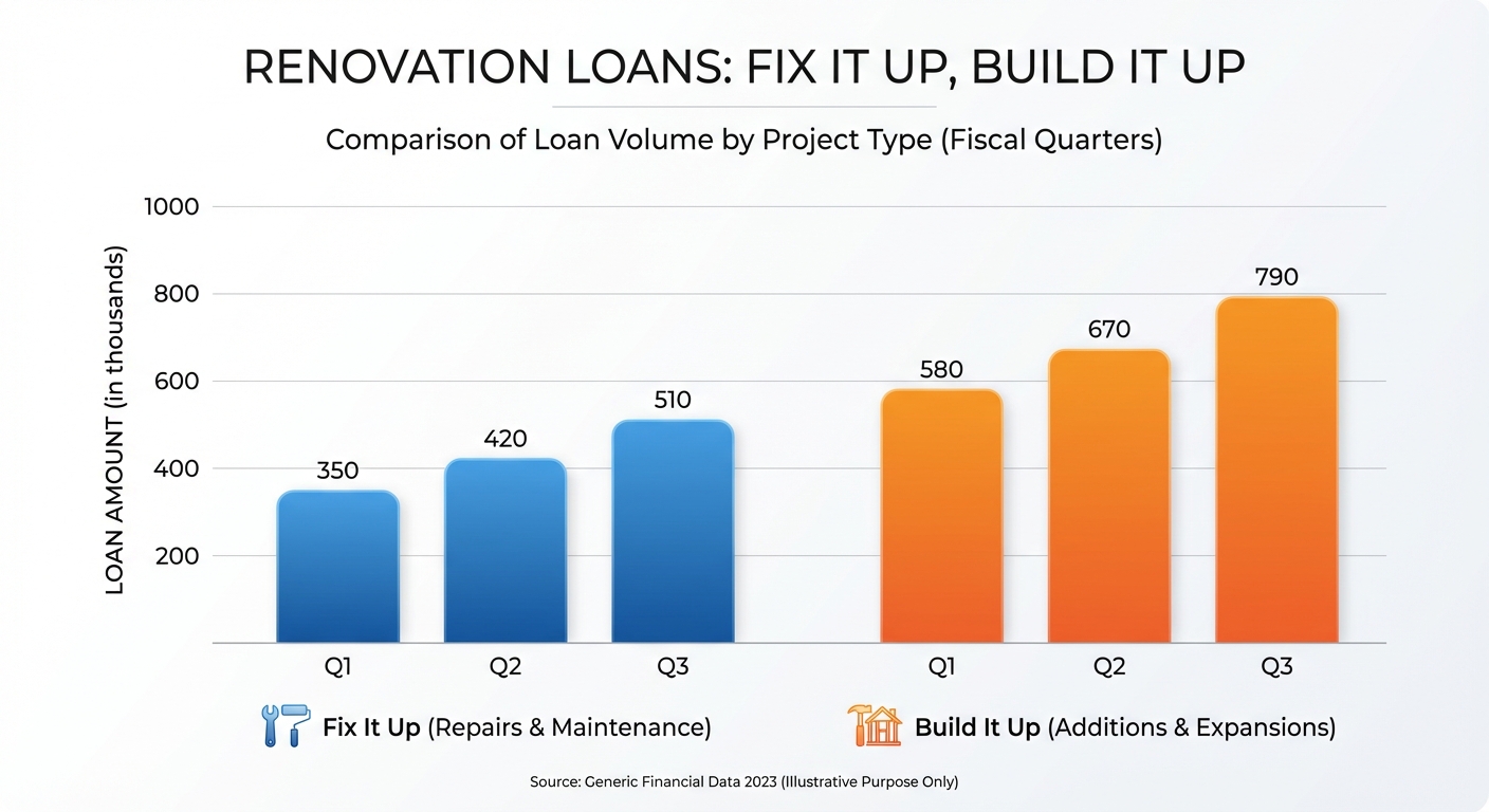 Create a professional Renovation Loans: Fix It Up, Build It Up bar chart visualization. Modern, clea