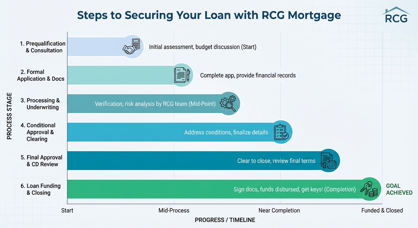 Create a professional Steps to Securing Your Loan with RCG Mortgage bar chart visualization. Modern,