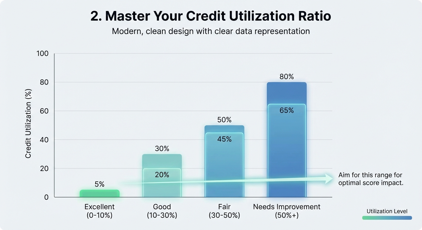 Create a professional 2. Master Your Credit Utilization Ratio bar chart visualization. Modern, clean