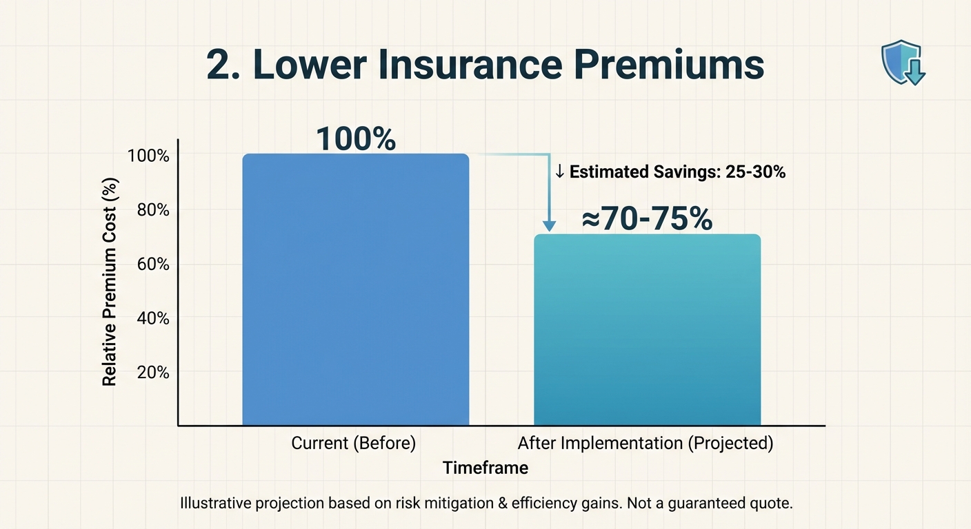 Create a professional 2. Lower Insurance Premiums bar chart visualization. Modern, clean design with