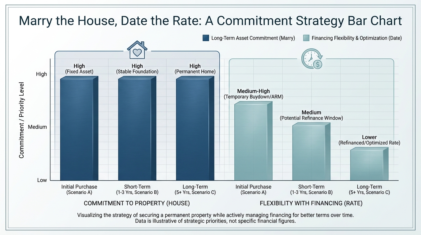 Create a professional The "Marry the House, Date the Rate" Strategy bar chart visualization. Modern,