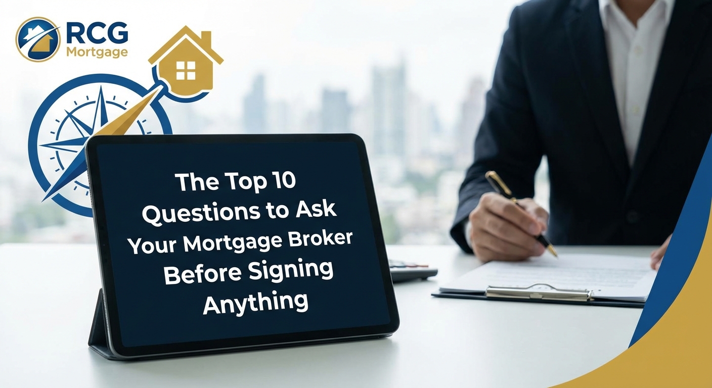 Create a professional hero image for: The Top 10 Questions to Ask Your Mortgage Broker Before Signin