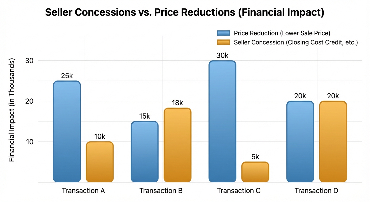 Create a professional Seller Concessions vs. Price Reductions bar chart visualization. Modern, clean