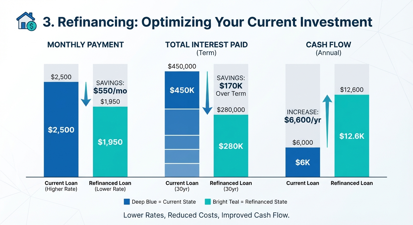 Create a professional 3. Refinancing: Optimizing Your Current Investment bar chart visualization. Mo