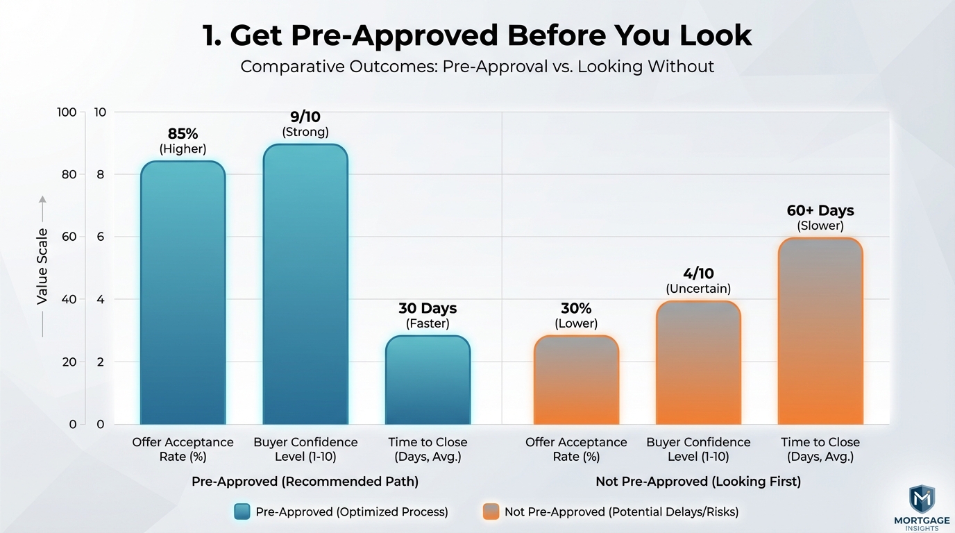 Create a professional 1. Get Pre-Approved Before You Look bar chart visualization. Modern, clean des