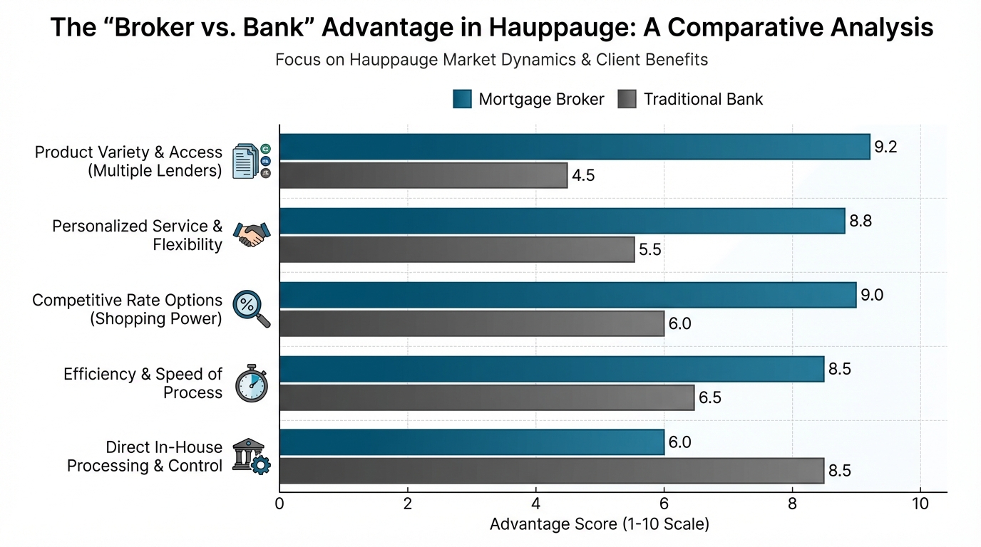 Create a professional The "Broker vs. Bank" Advantage in Hauppauge bar chart visualization. Modern, 
