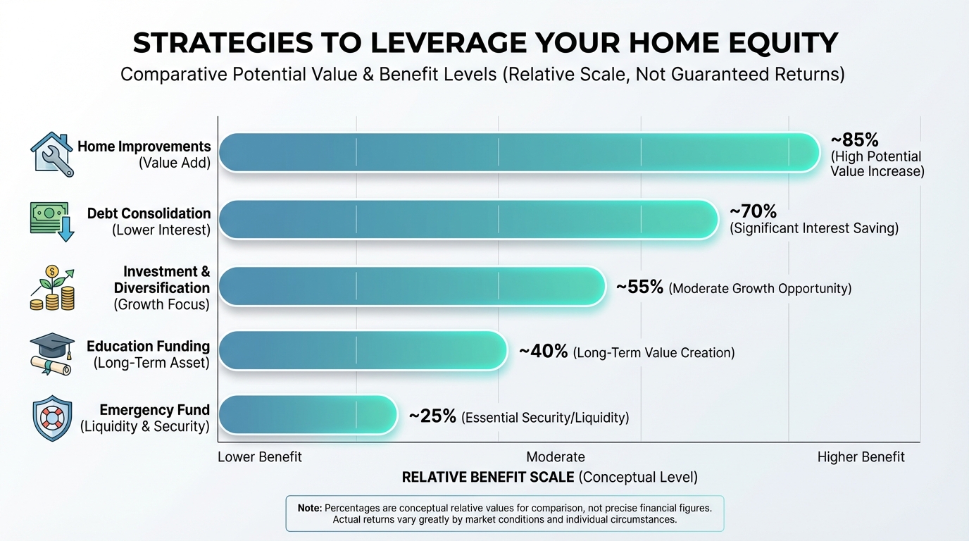 Create a professional Strategies to Leverage Your Home Equity bar chart visualization. Modern, clean