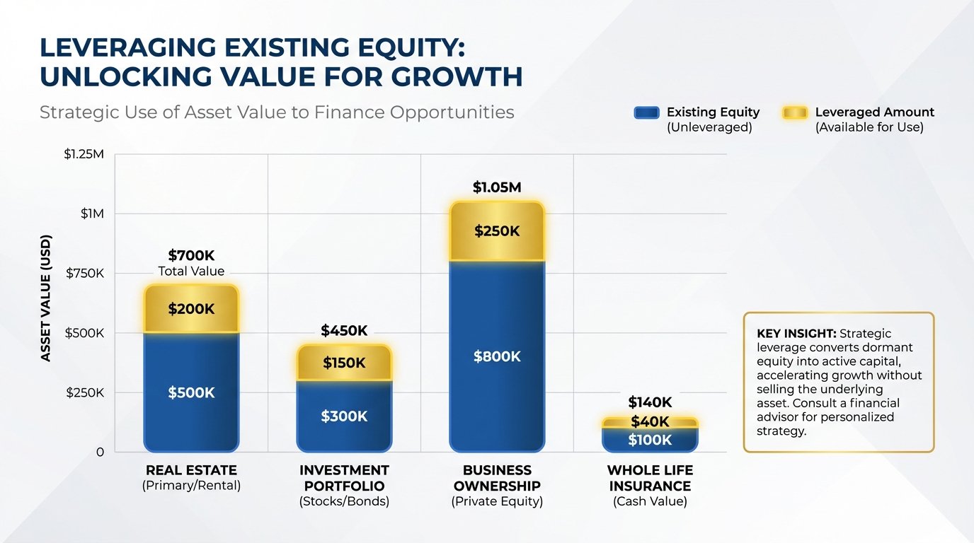 Create a professional Leveraging Existing Equity bar chart visualization. Modern, clean design with 