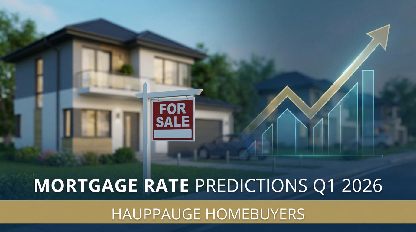 Create a professional hero image for: Mortgage Rate Predictions for Q1 2026: What Hauppauge Homebuye