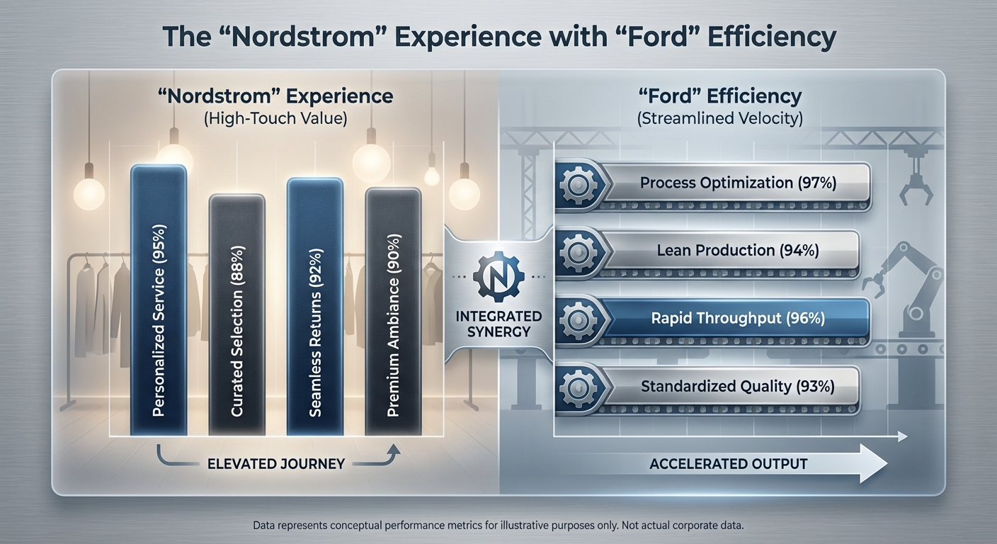Create a professional The "Nordstrom" Experience with "Ford" Efficiency bar chart visualization. Mod