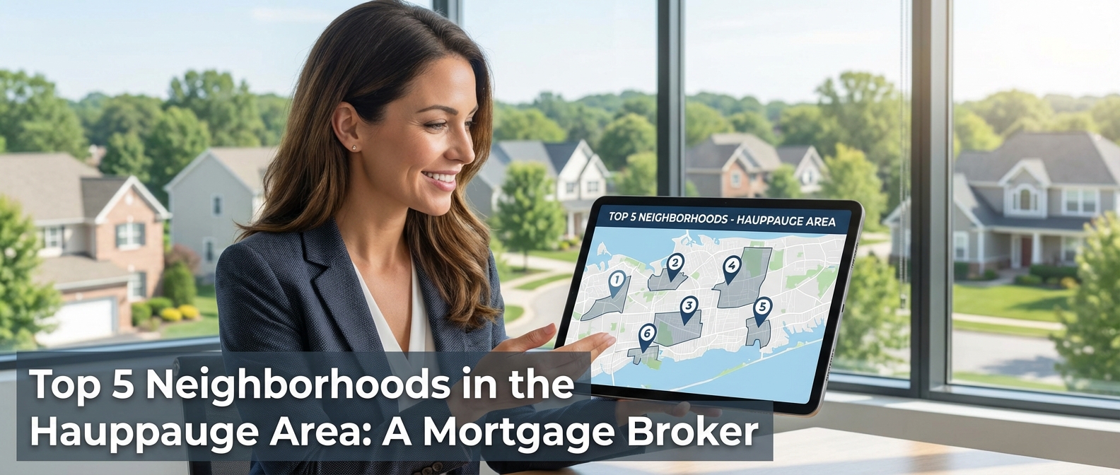 Create a professional hero image for: Top 5 Neighborhoods in the Hauppauge Area: A Mortgage Broker
