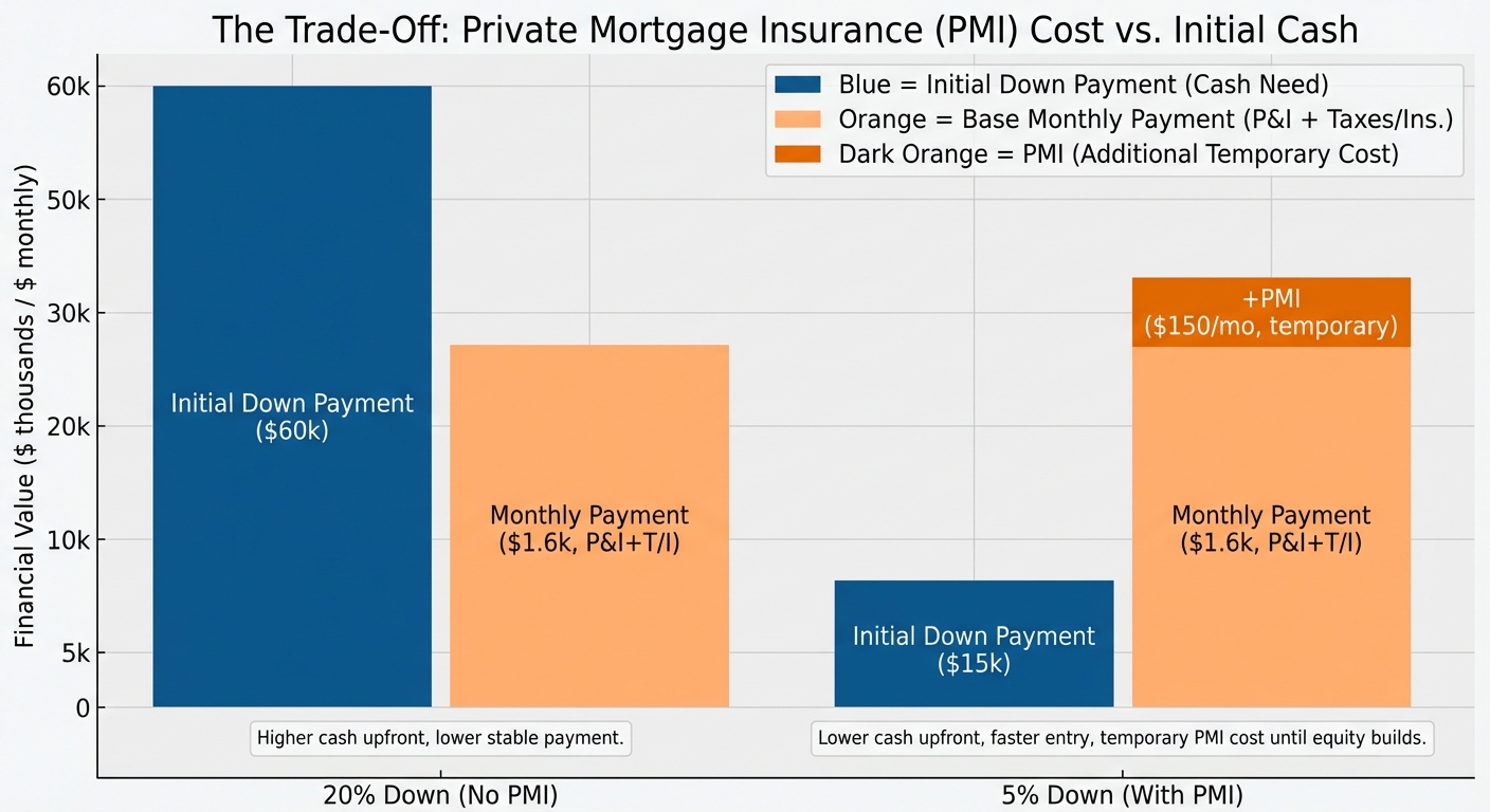 Create a professional The Trade-Off: Private Mortgage Insurance (PMI) bar chart visualization. Moder