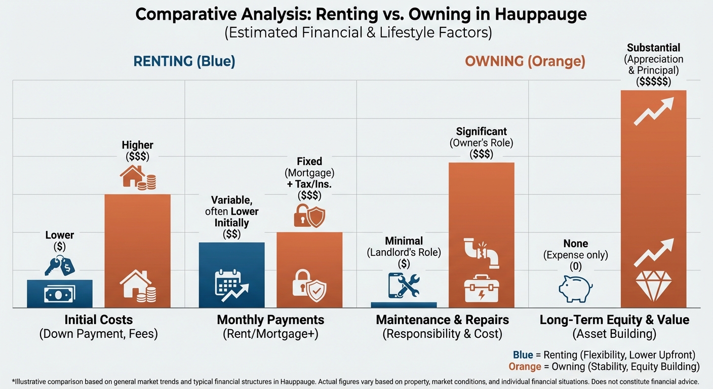 Create a professional Comparative Analysis: Renting vs. Owning in Hauppauge bar chart visualization.